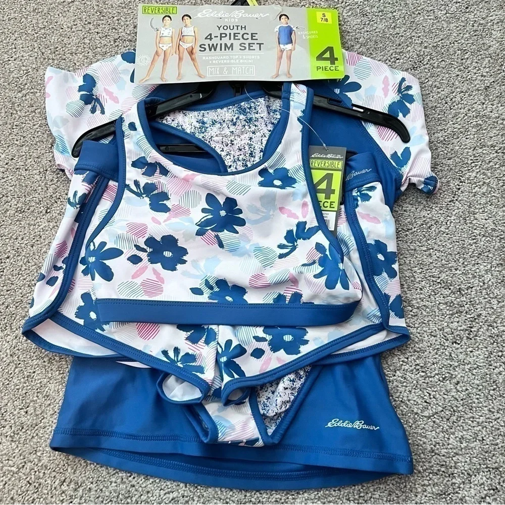 NWT! Youth Eddie Bauer 4 piece reversible swim set size small 7/8